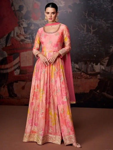 Gorgeous Pink Floral Printed Georgette Function Wear Pant Suit