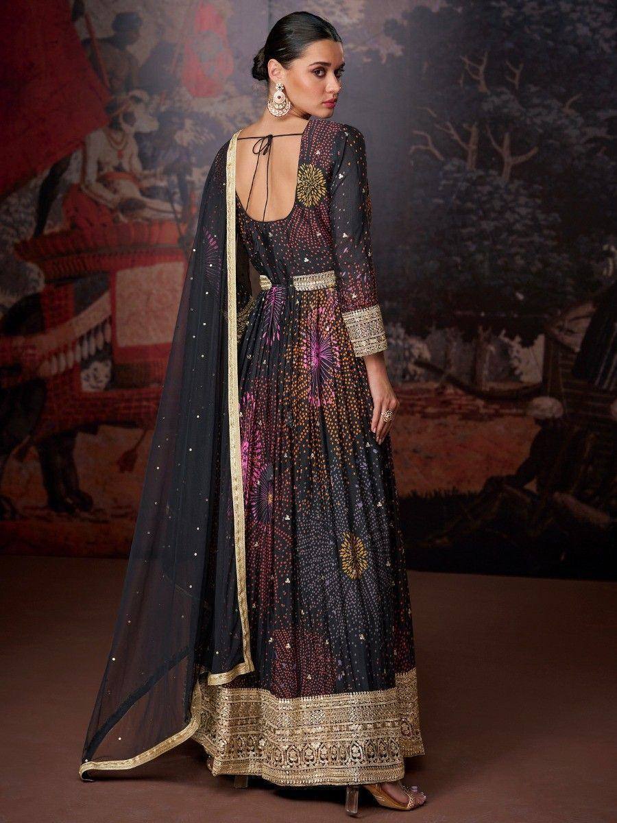 Black embroidered anarkali gown with gold detailing and sheer dupatta, perfect for Indian ethnic wear occasions