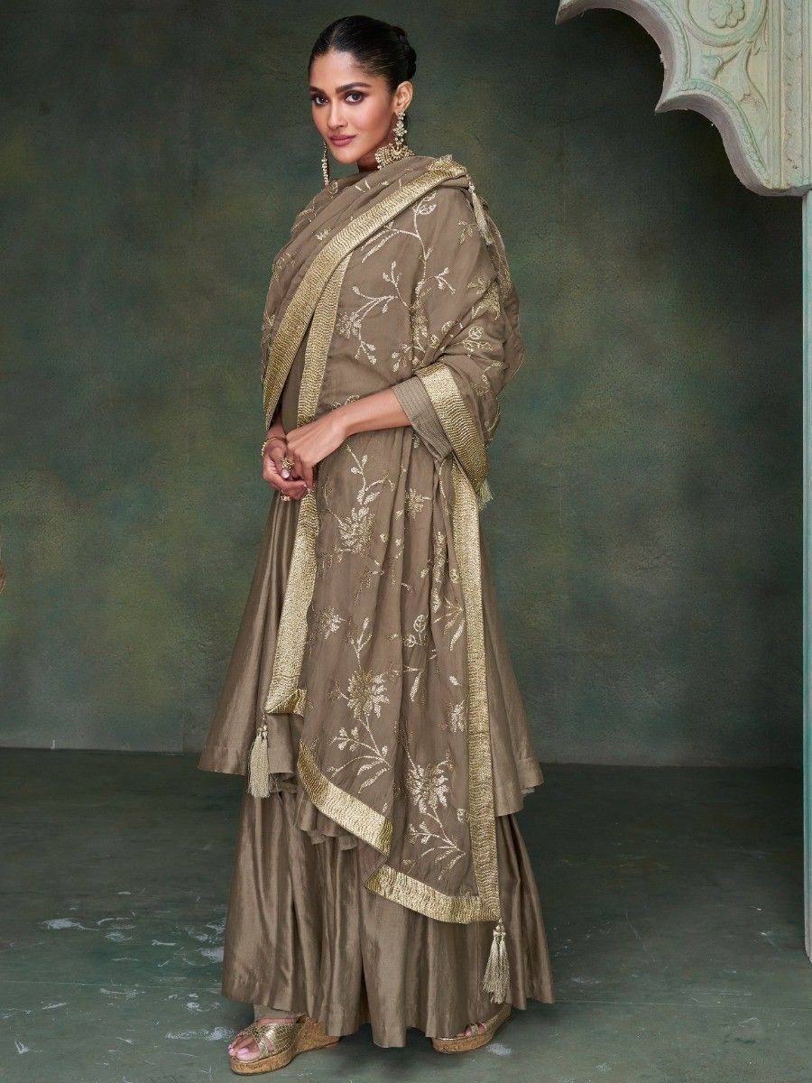 Elegant olive green designer lehenga choli with gold floral embroidery and dupatta, perfect for Indian ethnic occasions