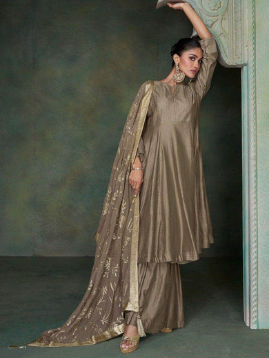 Precious Sage Brown Silk Festival Wear Palazzo Suit With Dupatta