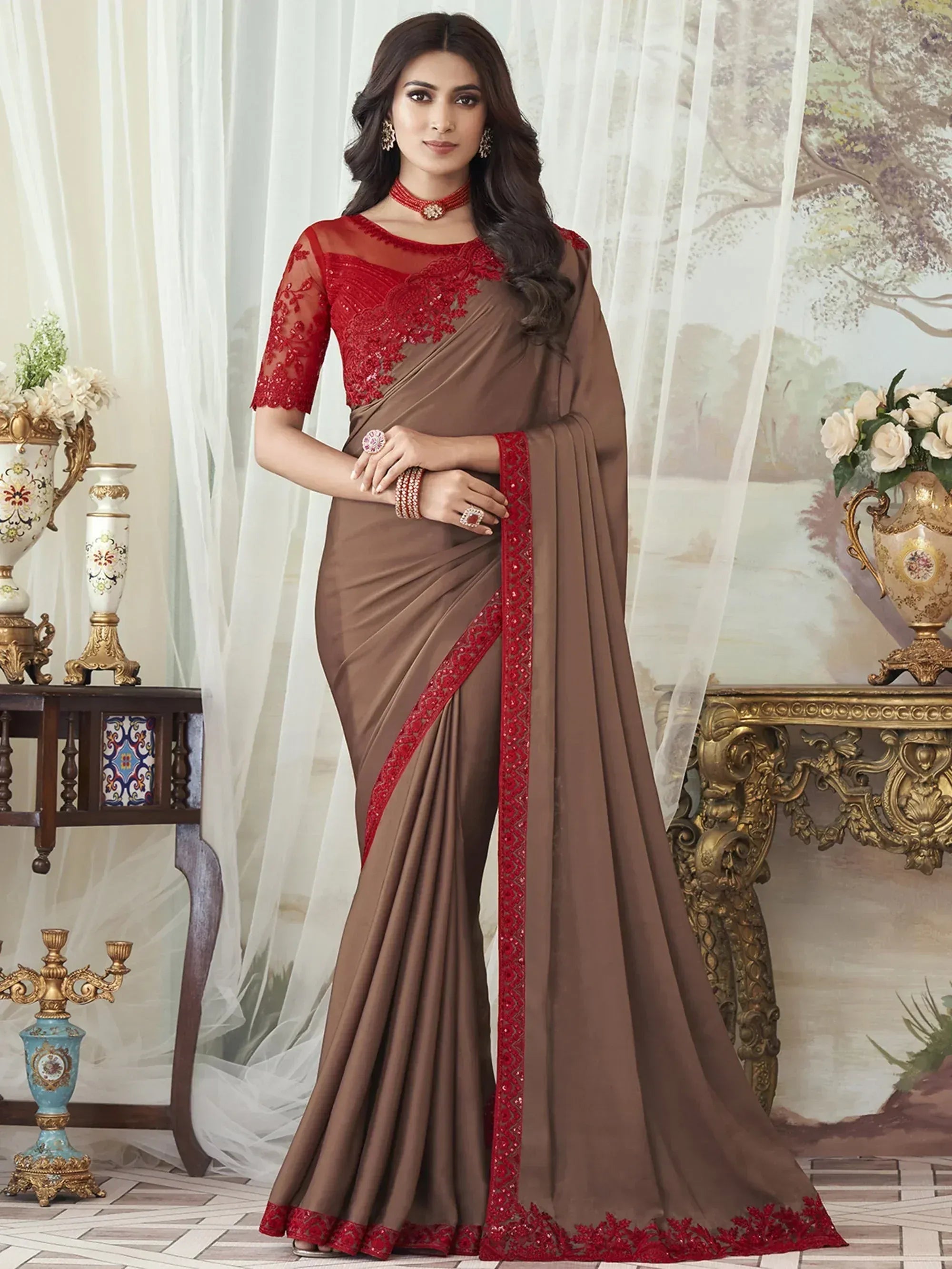 Brown saree with red lace blouse, ethnic Indian wear for women, designer party saree