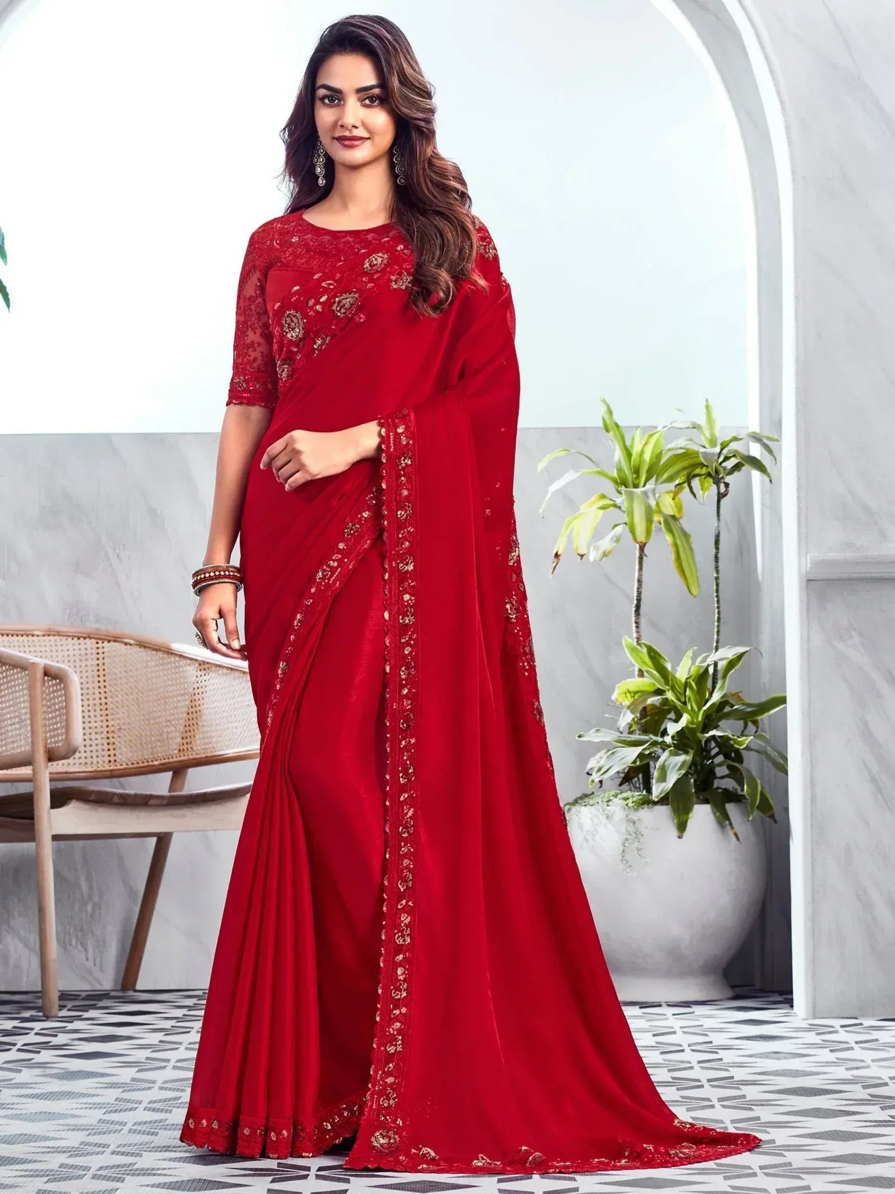 Red embroidered saree with lace blouse, perfect for Indian ethnic occasions and weddings