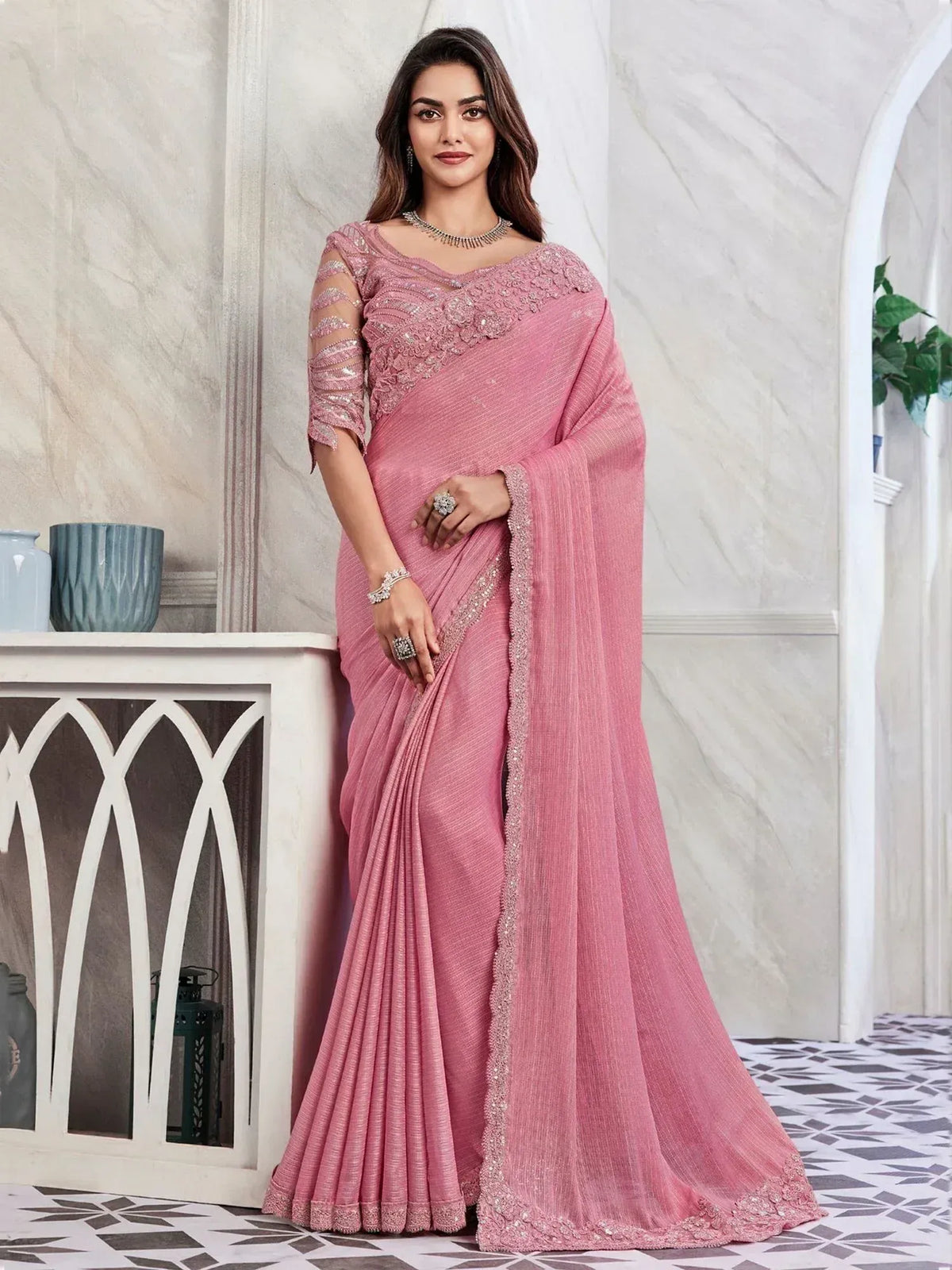 Pink embroidered saree with sequin blouse, ethnic Indian wear for women