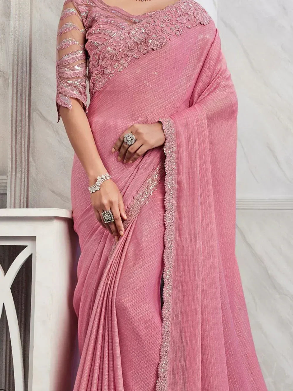 Pink embroidered saree with sequin blouse, ethnic Indian wear for weddings and parties