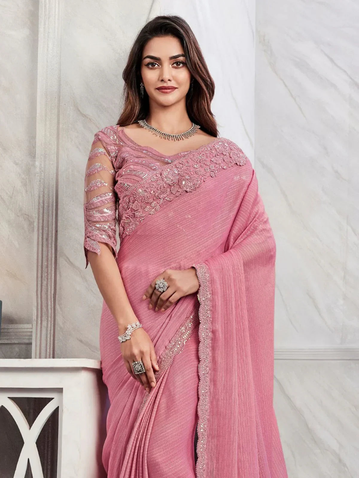 Glamorous Pink Embroidered Shimmer Silk Bridesmaid Saree