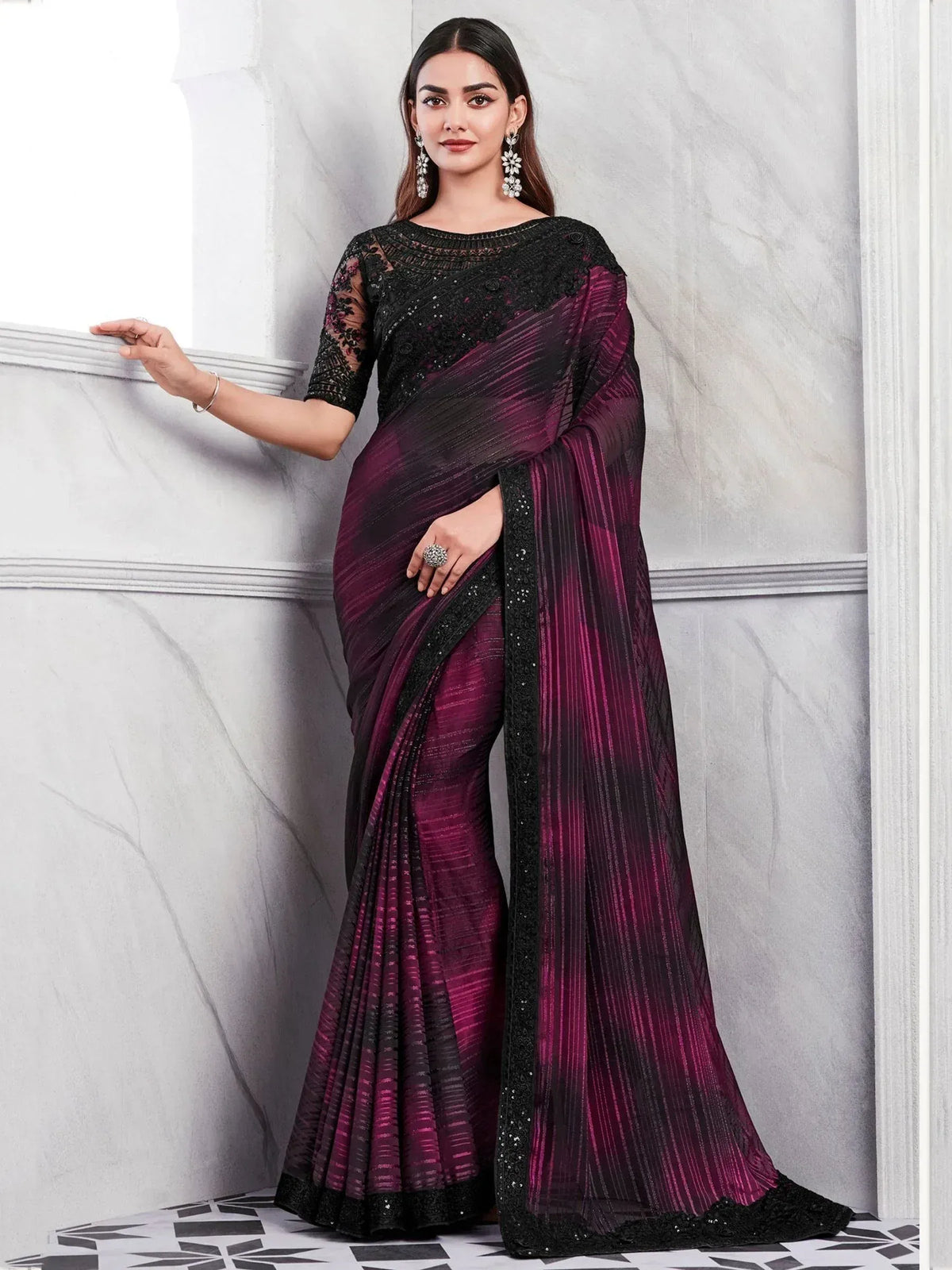 Elegant purple and black saree with sequin lace blouse, perfect for Indian ethnic occasions