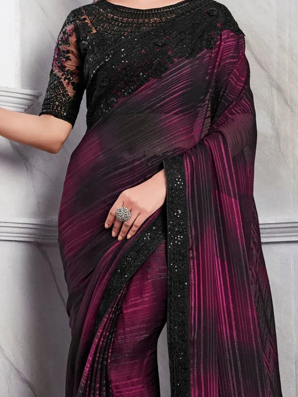 Elegant purple and black saree with sequin embroidery and lace blouse, perfect for Indian ethnic occasions