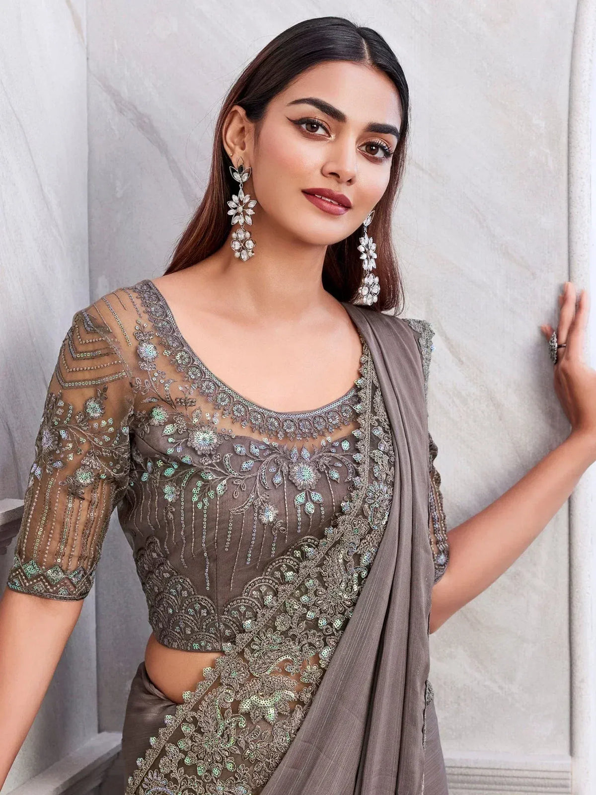 Elegant grey embroidered saree blouse with floral sequin detailing, perfect for Indian ethnic wear occasions.