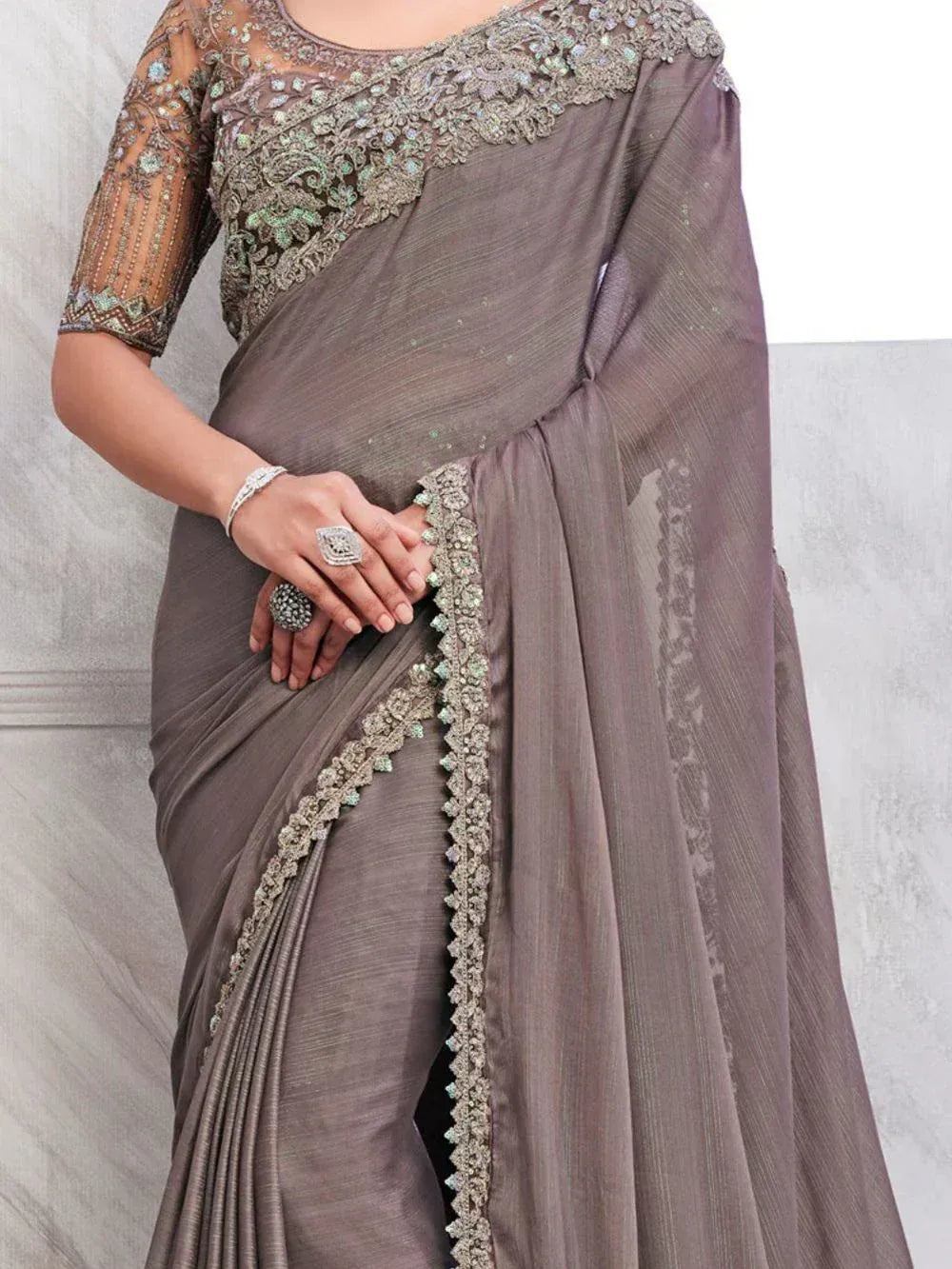 Grey designer saree with heavy embroidery and sequin work, perfect for Indian ethnic occasions