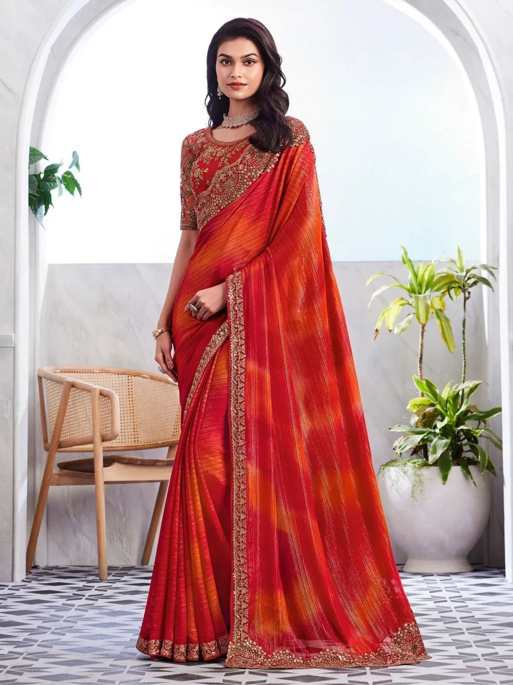 Red and orange designer saree with gold embroidery, perfect for Indian ethnic wear occasions