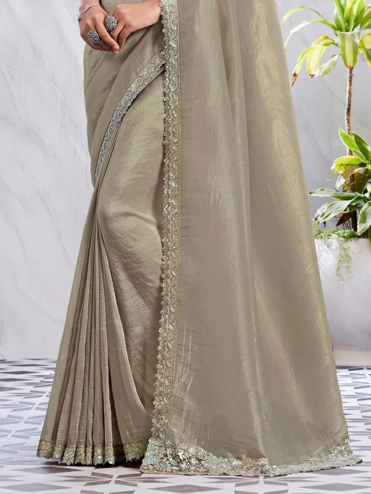 Captivating Light Olive Green Embroidered Shimmer Silk Designer Saree