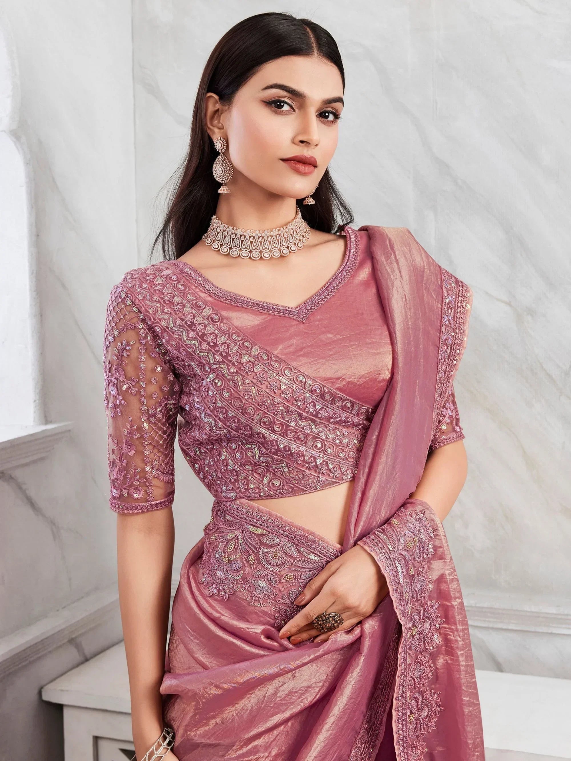 Fascinating Pink Embroidered Silk Engagement Wear Saree With Blouse