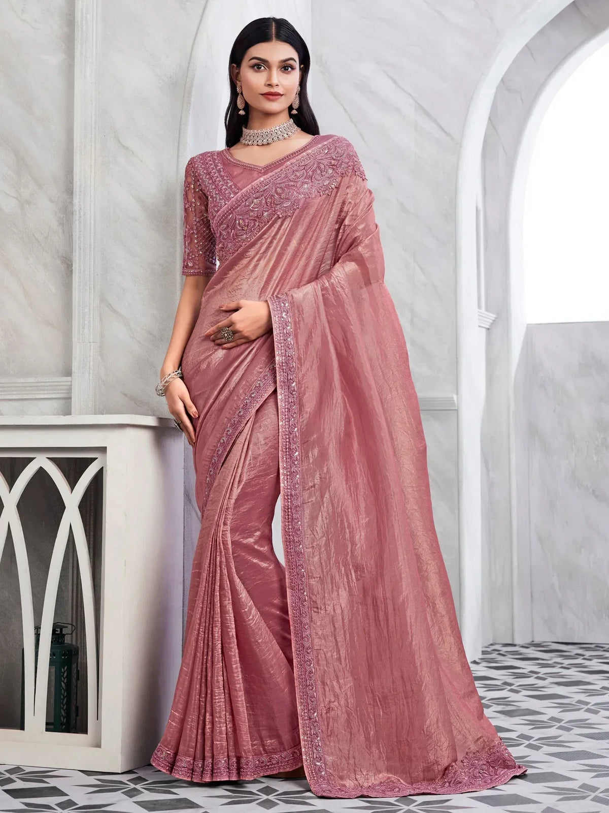 Pink embroidered saree with matching blouse, elegant Indian ethnic wear for women