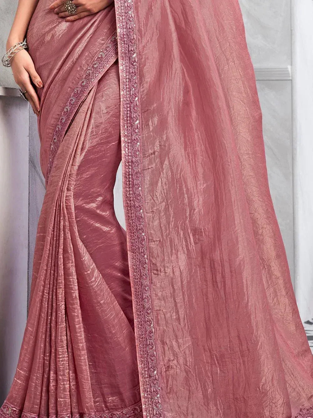 Pink designer saree with embroidered border, ethnic wear for women
