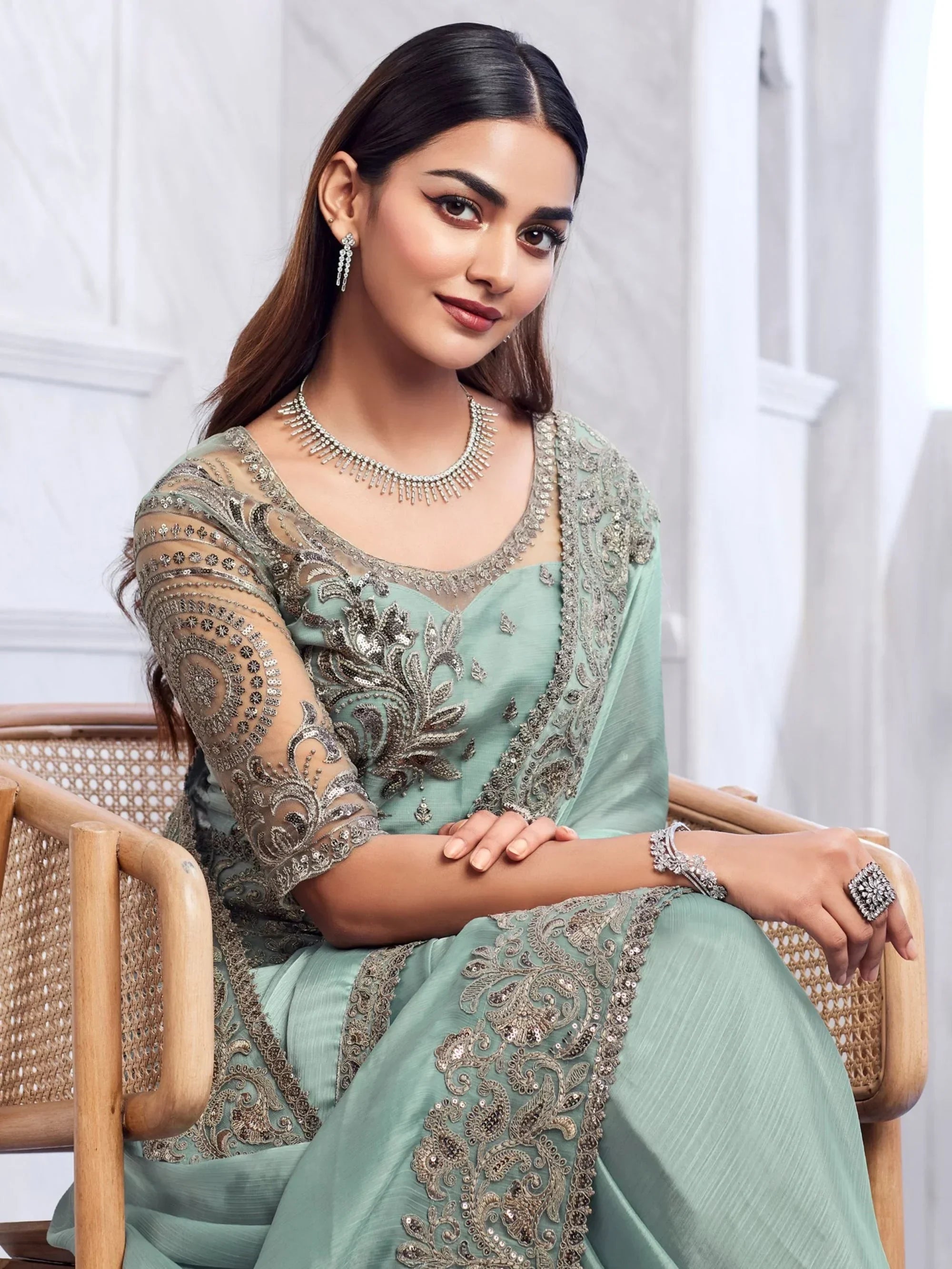 Alluring Mint Green Sequins Silk Party Wear Saree With Blouse