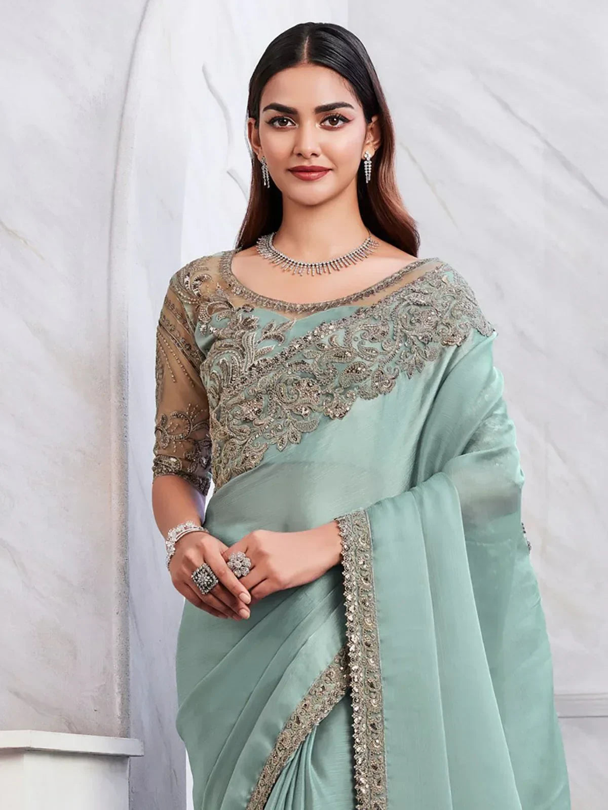 Alluring Mint Green Sequins Silk Party Wear Saree With Blouse