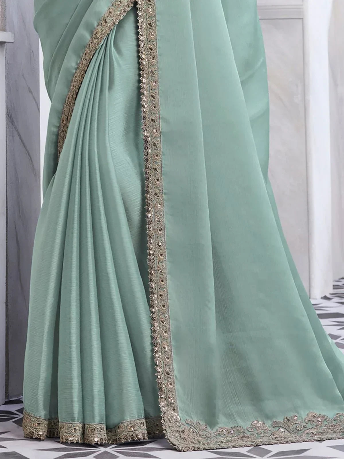 Alluring Mint Green Sequins Silk Party Wear Saree With Blouse