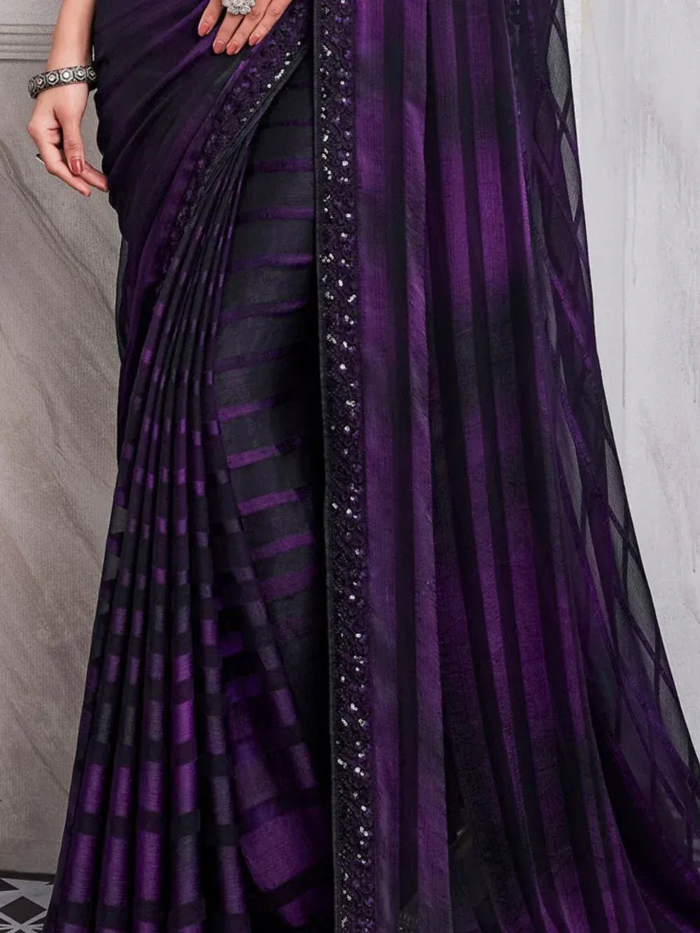Purple and black striped saree with sequin border, elegant ethnic wear for women