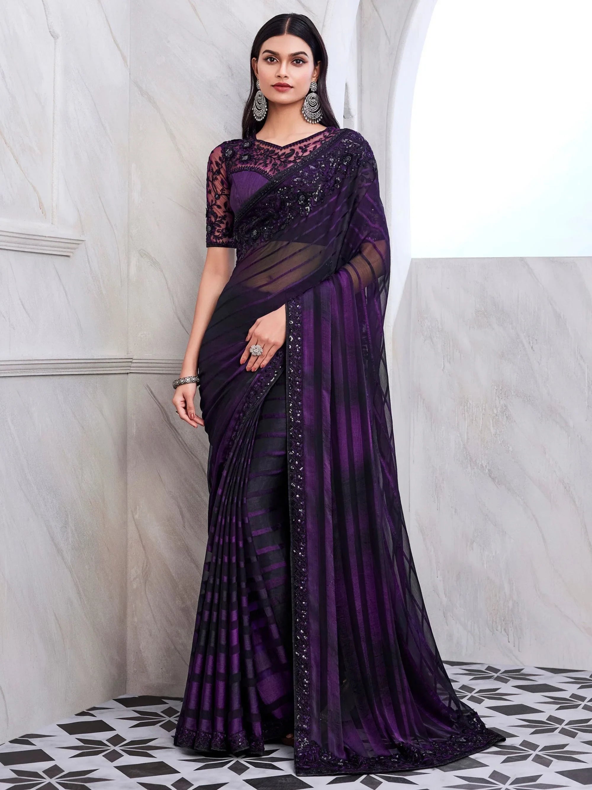 Charming Black & Purple Sequins Silk Reception Wear Saree With Blouse
