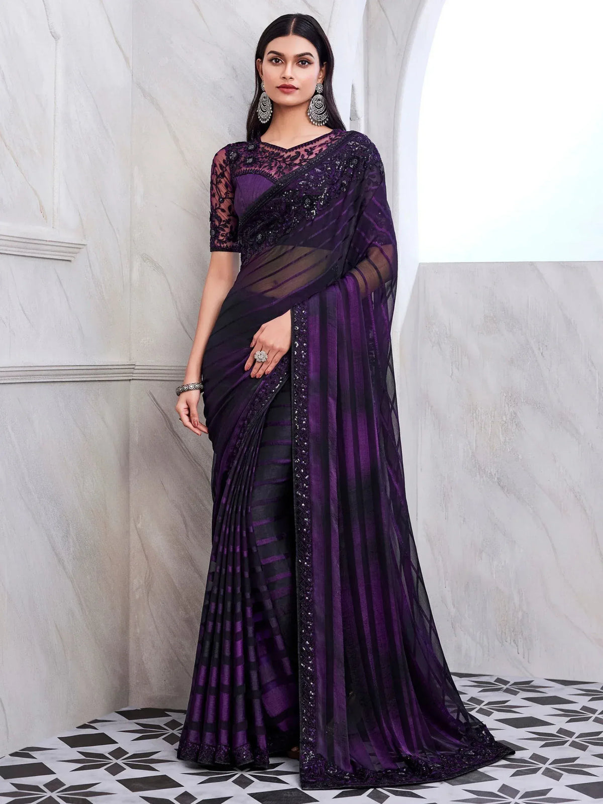 Purple and black embroidered saree with sheer blouse, ethnic Indian wear for women