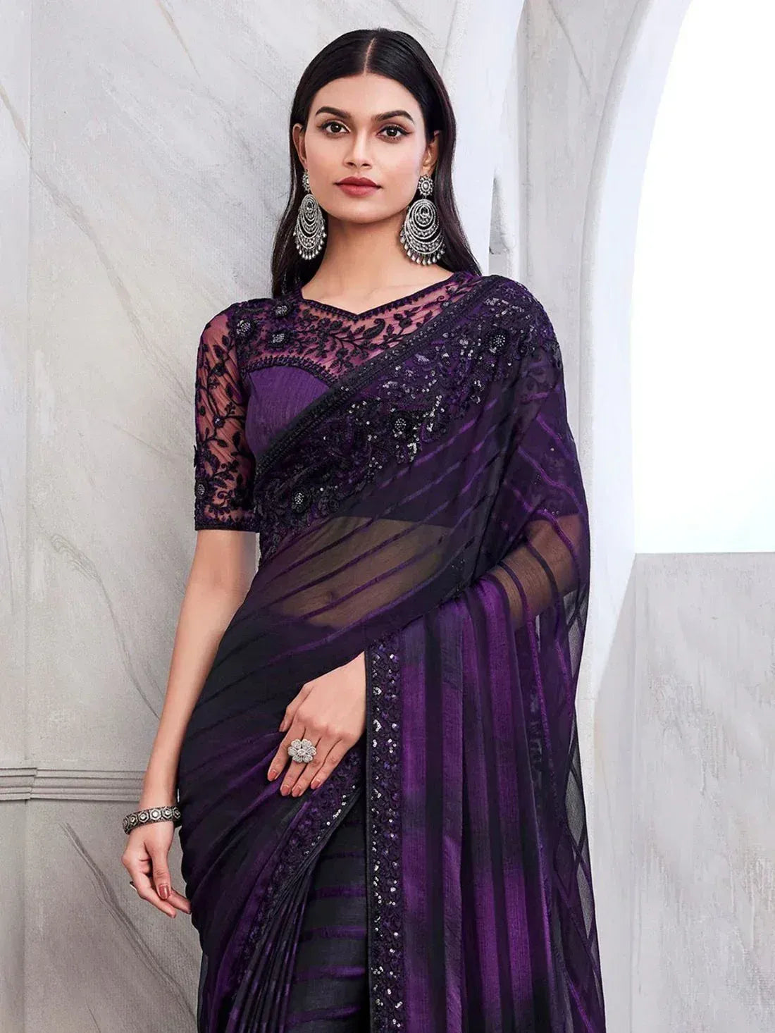 Purple and black embroidered saree with lace blouse, ethnic Indian wear for women