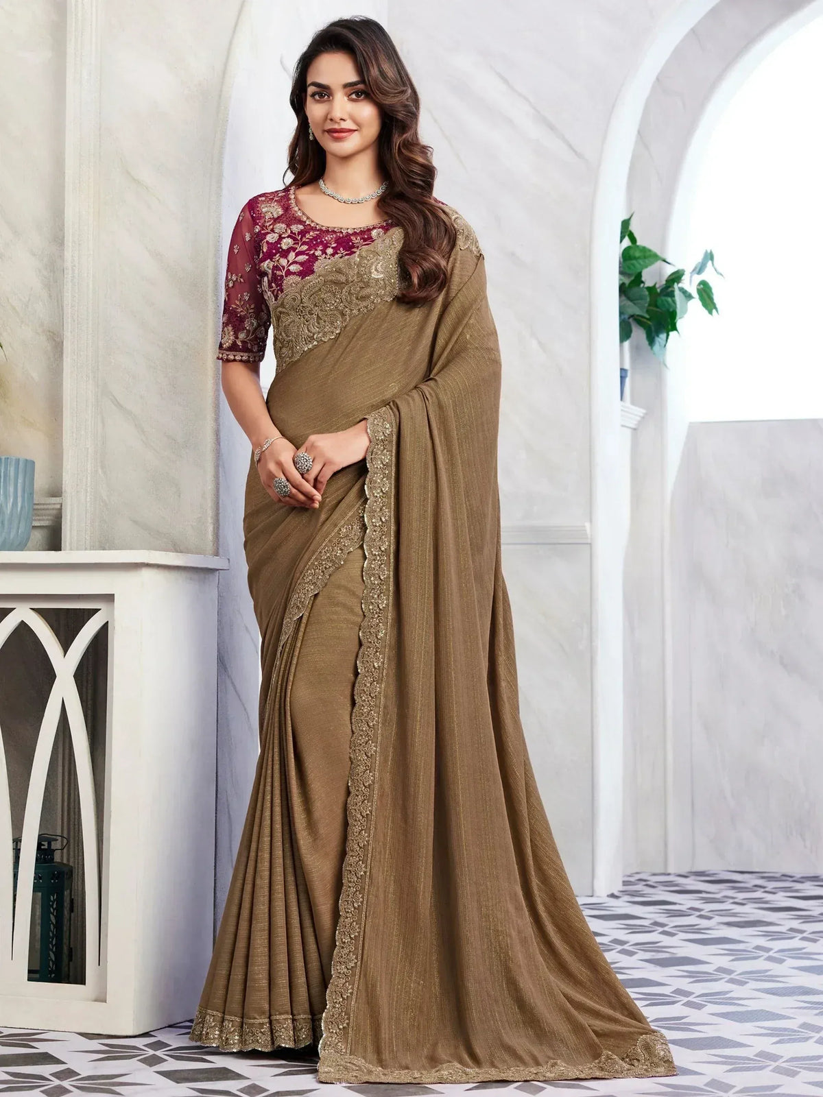 Elegant olive green saree with gold embroidery and maroon blouse, perfect for Indian ethnic occasions