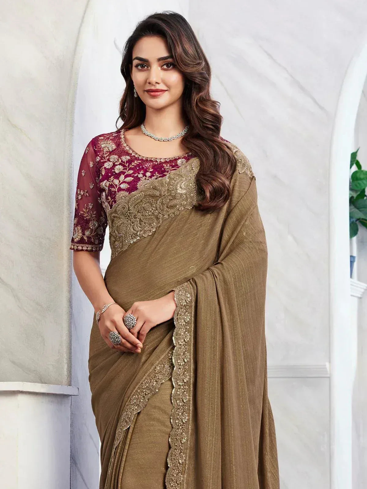 Elegant olive green saree with maroon embroidered blouse, perfect for Indian ethnic occasions