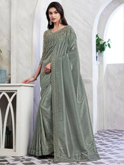 Wonderful Grey Embroidered Silk Designer Saree With Blouse