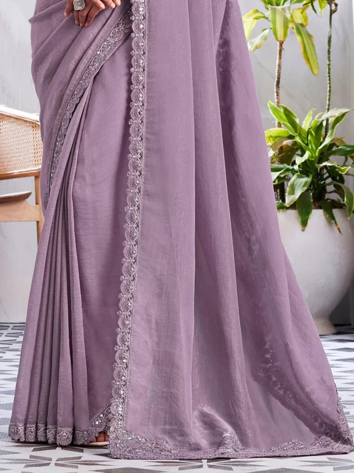 Lavender saree with intricate lace and beadwork, perfect for ethnic occasions