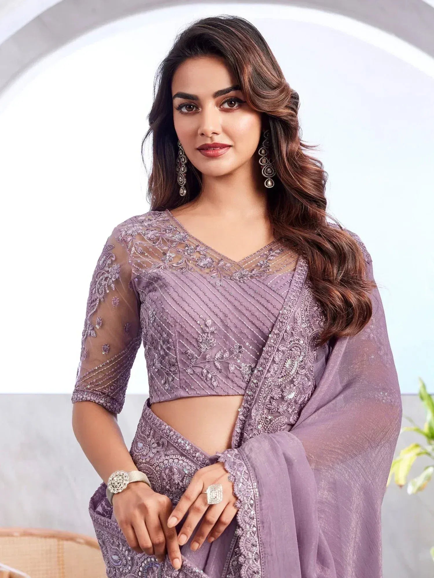 Lavender embroidered lehenga choli with sheer sleeves and dupatta, perfect for Indian ethnic occasions