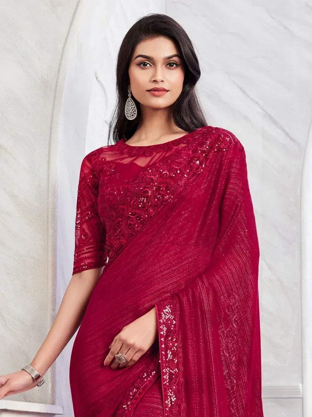 Red sequin saree with lace blouse, ethnic Indian wear for women