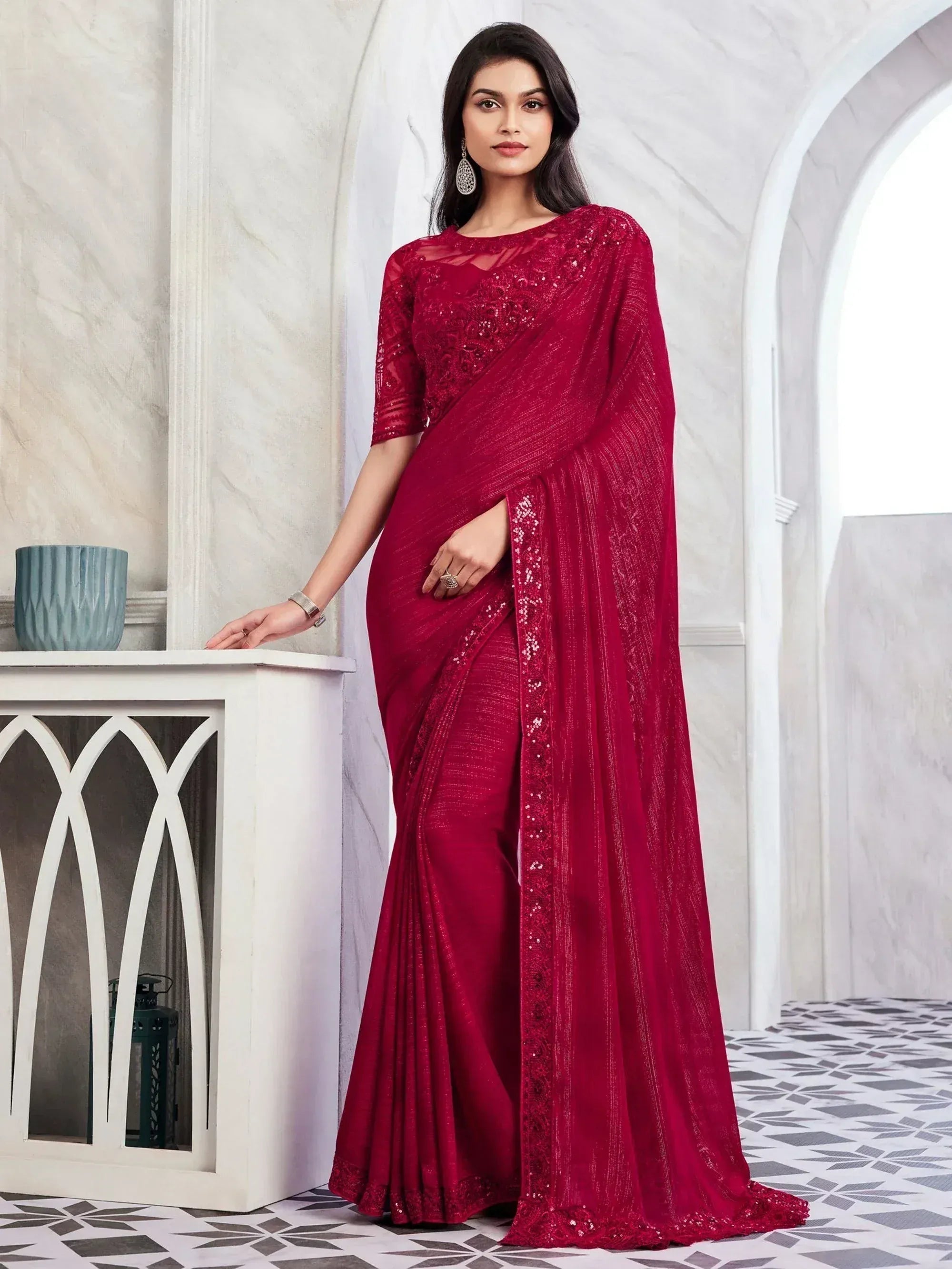 Elegant maroon saree with sequin embroidery and lace blouse, perfect for Indian ethnic occasions