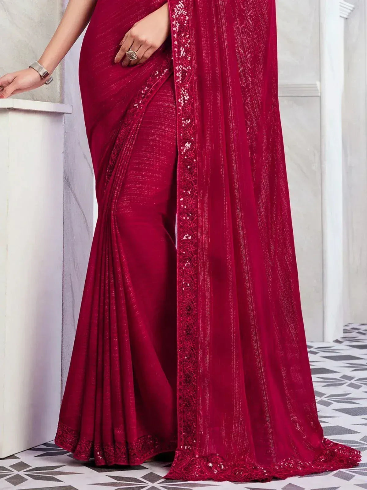 Red designer saree with sequin border, ethnic wear for women