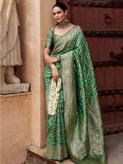Spectacular Green Zari Weaving Silk Mehendi Wear Saree With Blouse