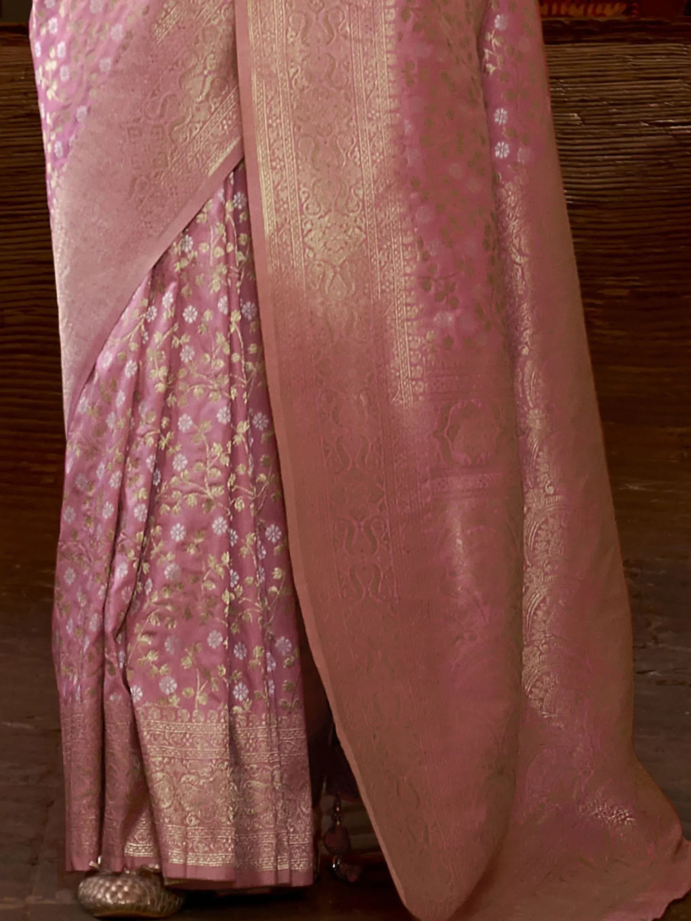 Pink floral brocade saree with gold zari work, elegant Indian ethnic wear for festive occasions