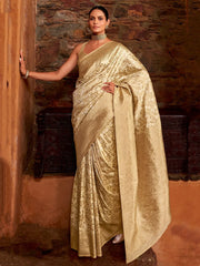 Bewitching Beige Zari Weaving Silk Event Wear Saree With Blouse