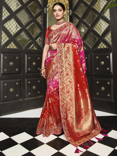 Charming Pink Zari Weaving Silk Wedding Wear Saree With Blouse