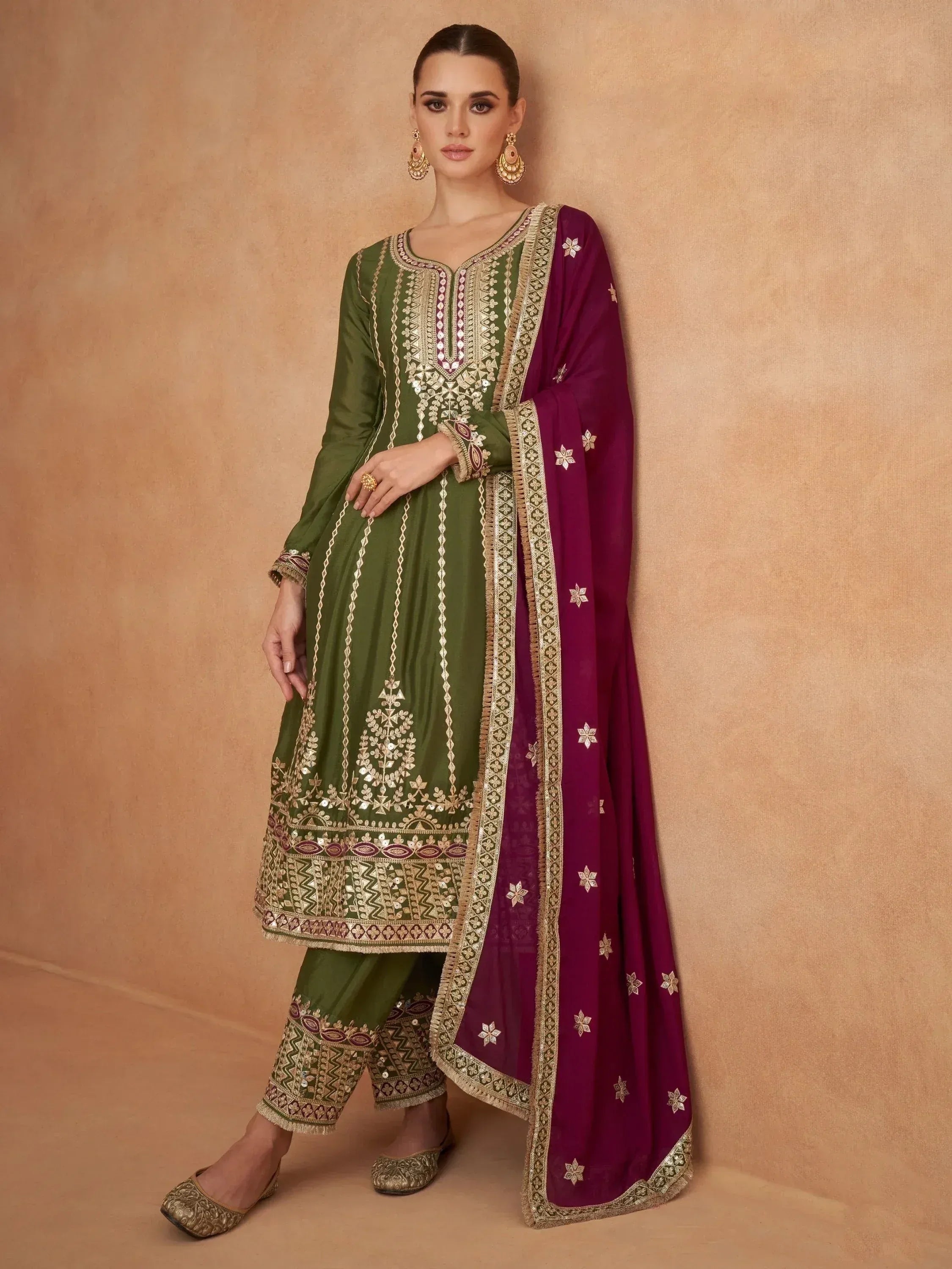Green embroidered salwar kameez with maroon dupatta, Indian ethnic wear