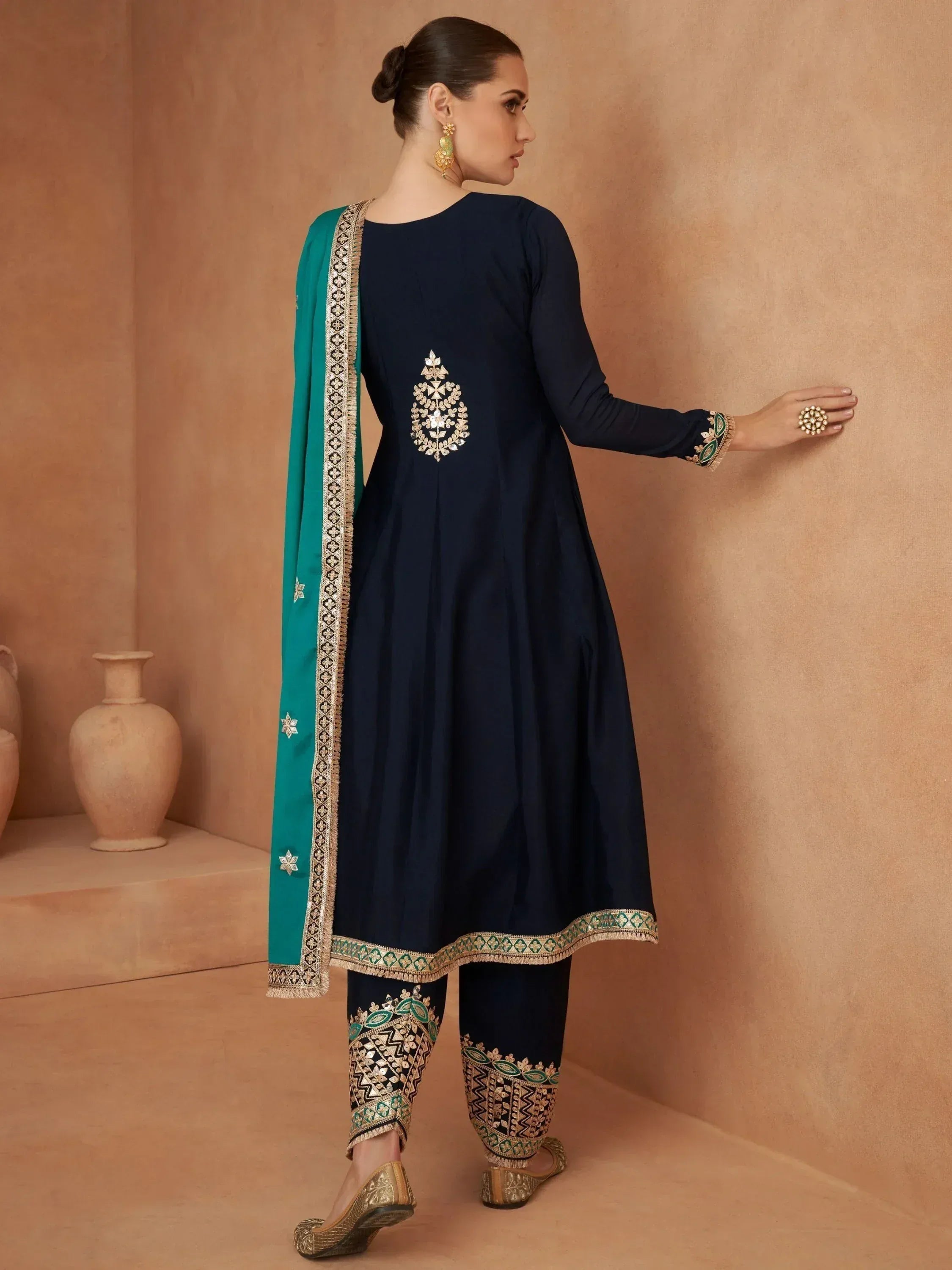 Navy blue embroidered salwar kameez with green dupatta, traditional Indian ethnic wear for women