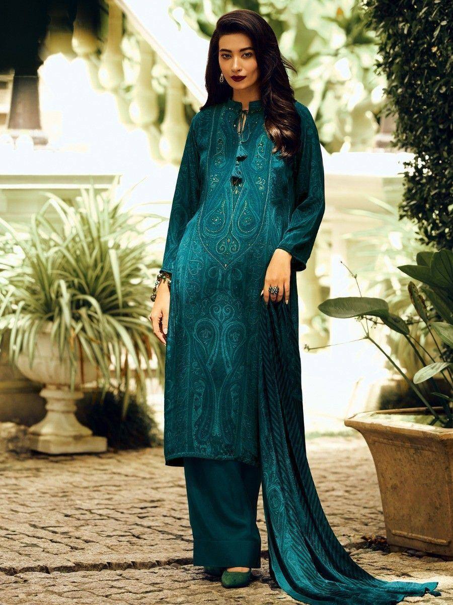 Teal embroidered ethnic salwar kameez with palazzo pants and dupatta, perfect for festive occasions