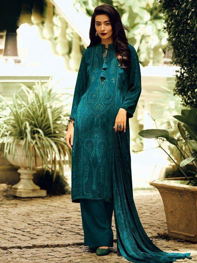 Charming Teal Blue Embroidered Silk Festival Wear Salwar Kameez
