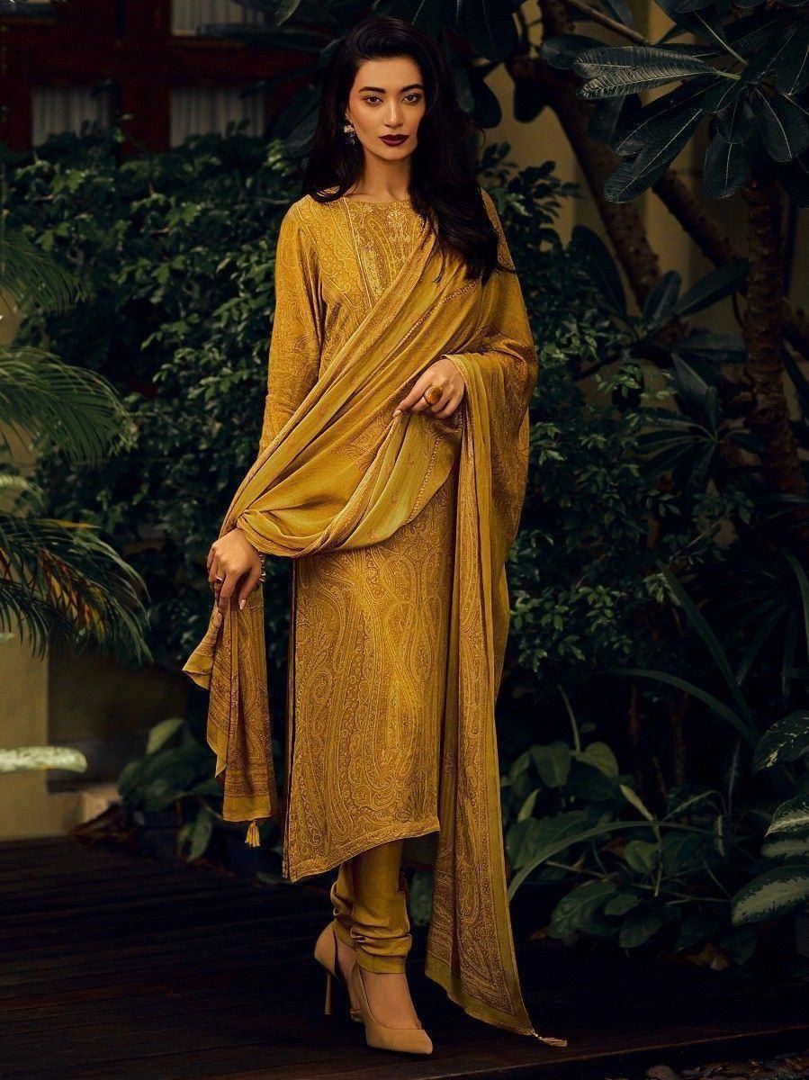 Golden paisley print salwar kameez with matching dupatta, ethnic Indian wear for women