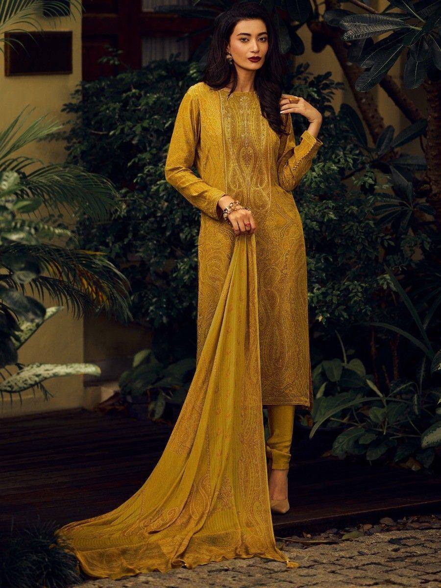 Mustard yellow embroidered salwar kameez with long dupatta, ethnic wear for women