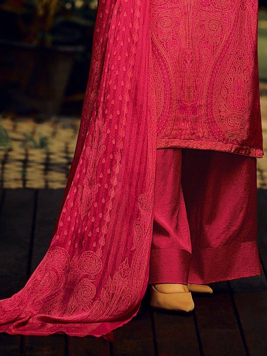 Pink ethnic salwar kameez with intricate paisley print and matching dupatta, ideal for festive occasions