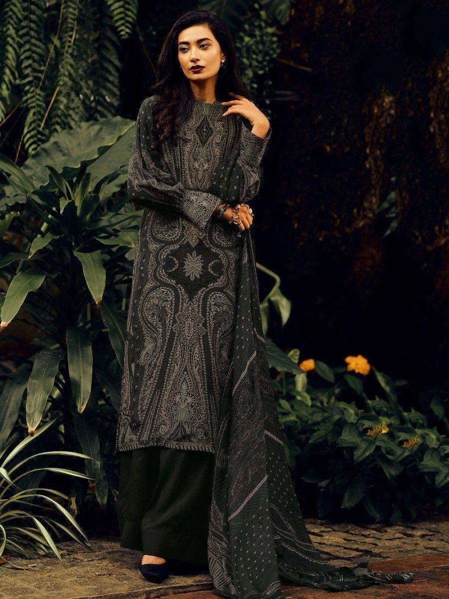 Elegant black printed ethnic gown with intricate paisley design, perfect for Indian occasions
