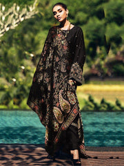 Woman in black embroidered ethnic suit with dupatta by a pool, Indian ethnic wear