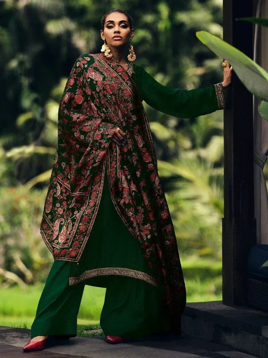 Elegant green floral printed salwar kameez with embroidered dupatta, perfect for ethnic occasions