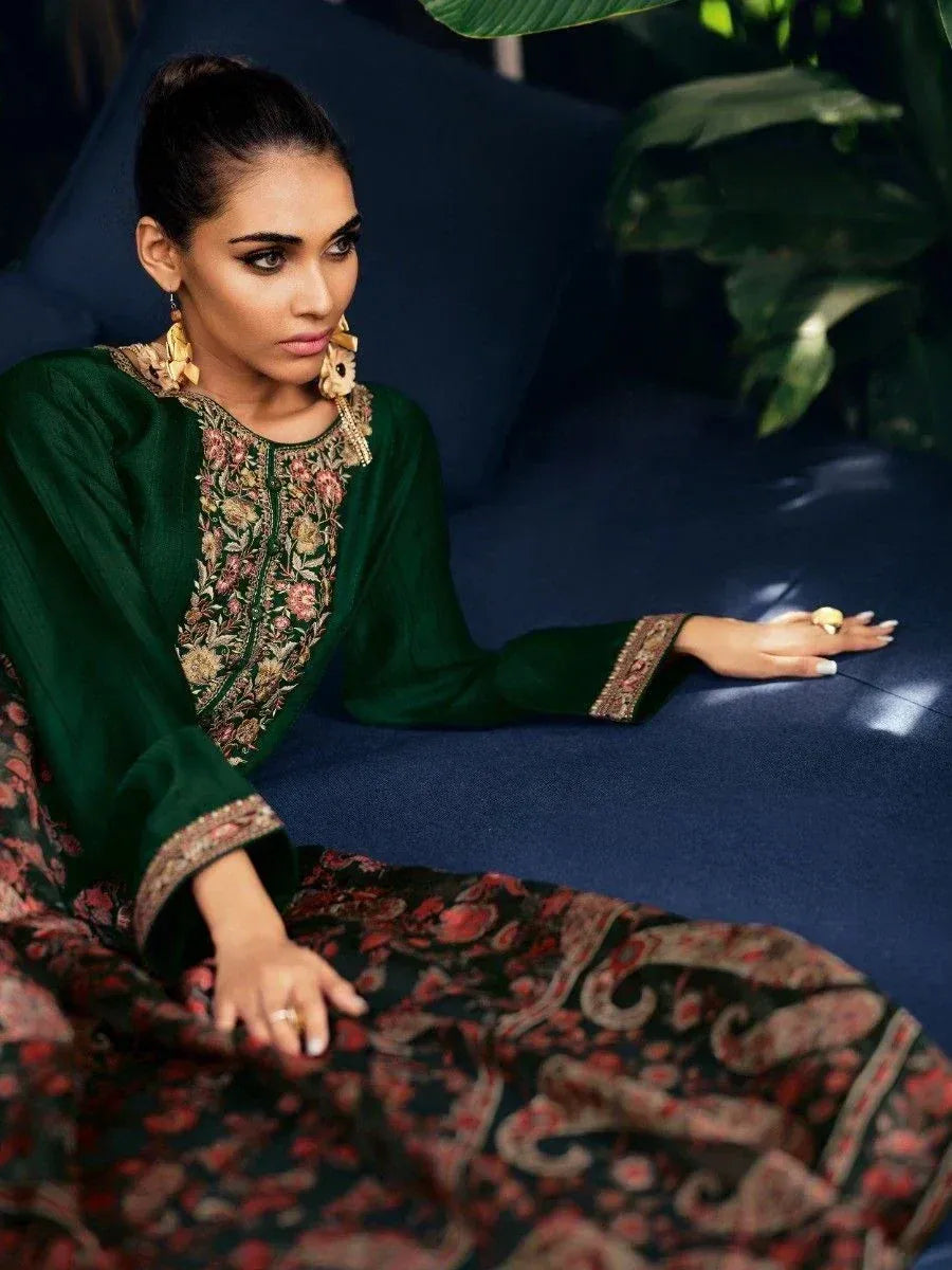 Green embroidered ethnic salwar kameez with floral print dupatta, perfect for Indian occasions