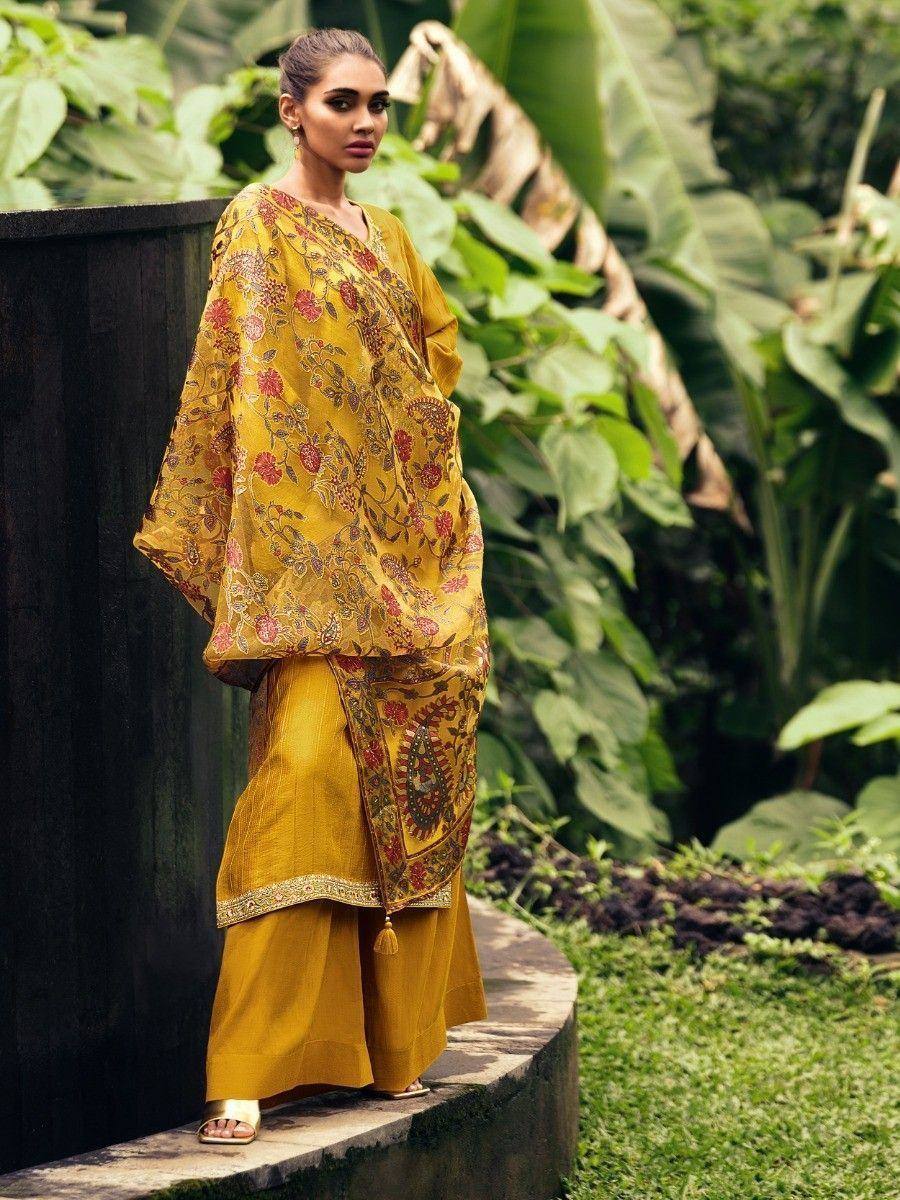 Yellow floral printed ethnic suit with palazzo pants, perfect for Indian occasions and festive wear.