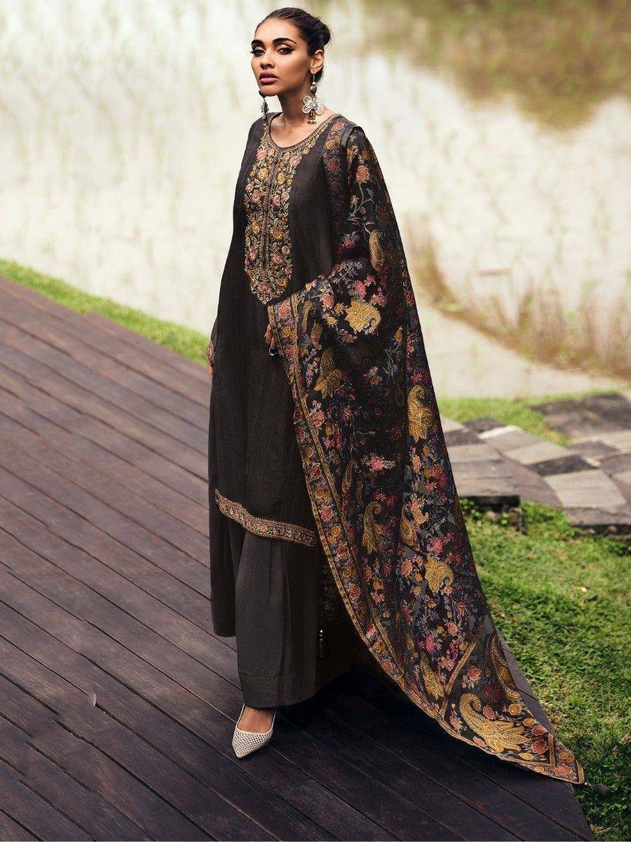 Black embroidered salwar kameez with floral dupatta, Indian ethnic wear for women